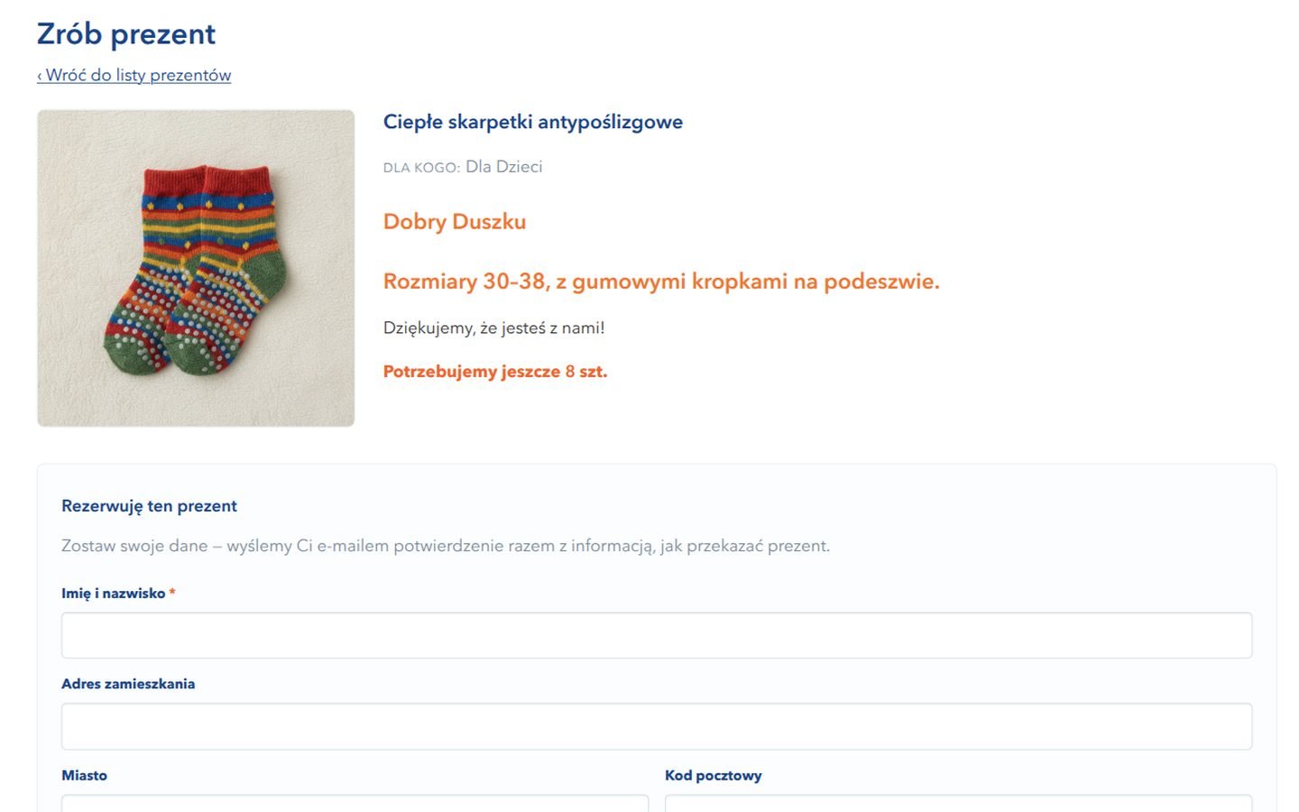 Strona prezentu z formularzem rezerwacji