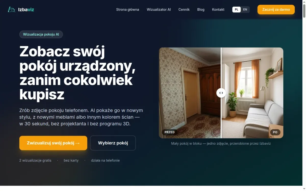 Izbaviz — wizualizacja pokoju AI ze zdjęcia, porównanie przed i po