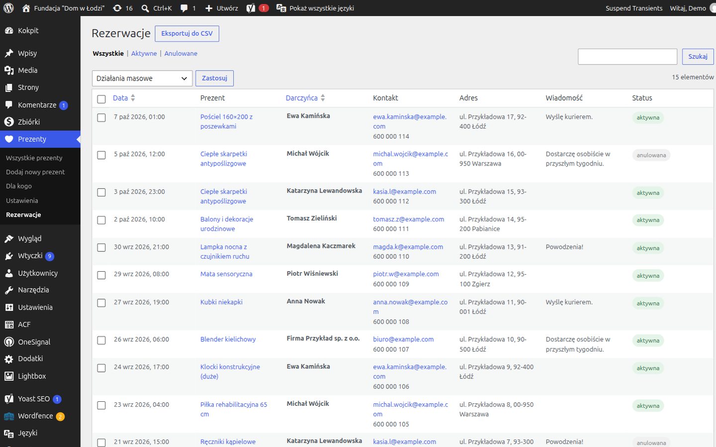 The reservations table with CSV export