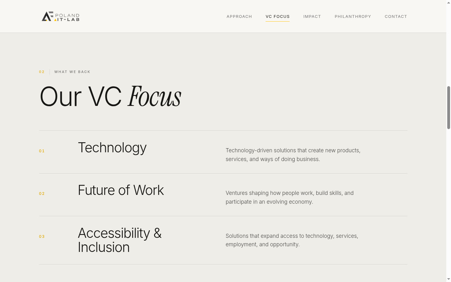 Our VC Focus section — investment areas