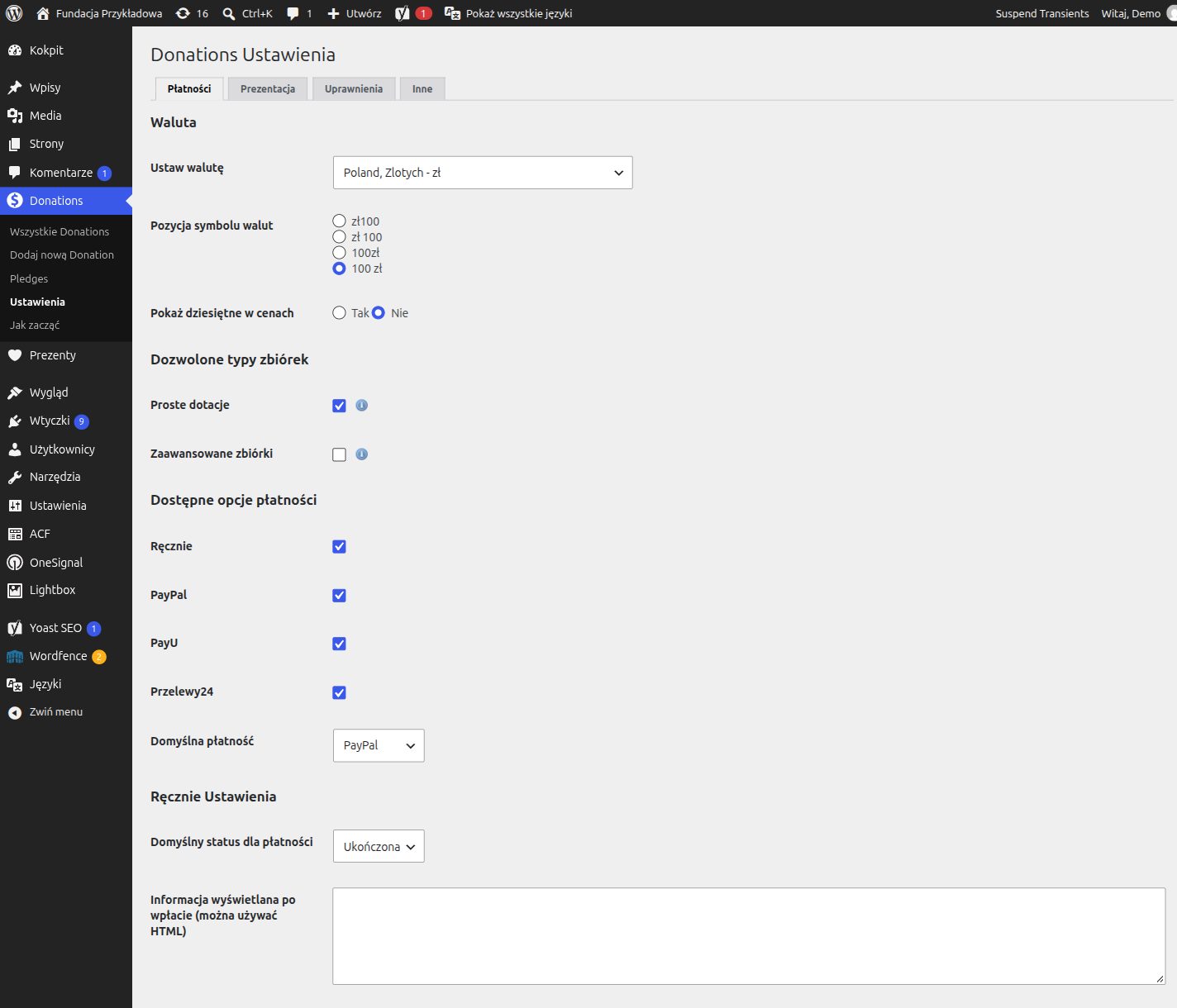 Payment settings: currency, fundraiser types and active gateways