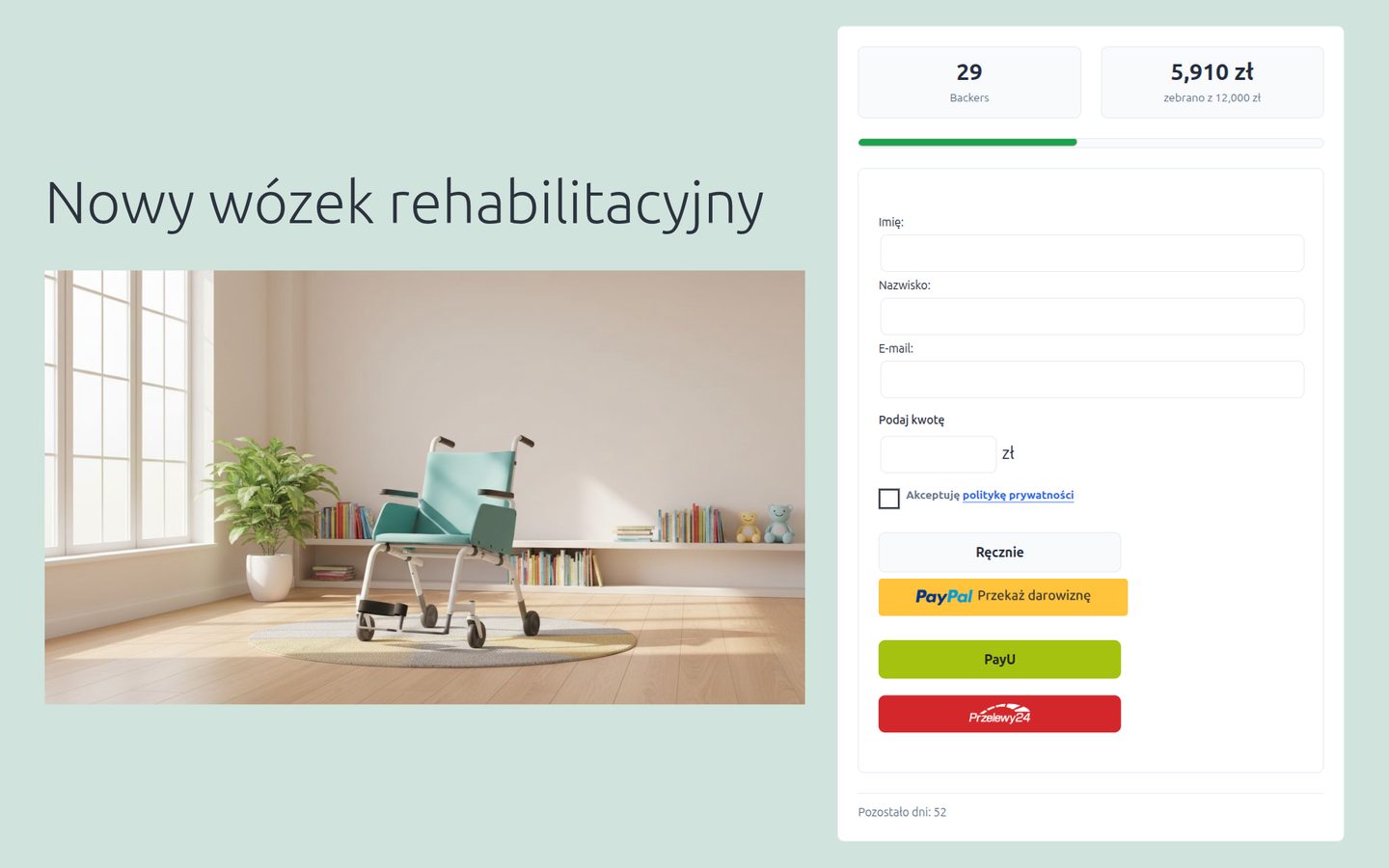 A fundraiser with a progress bar and four payment options