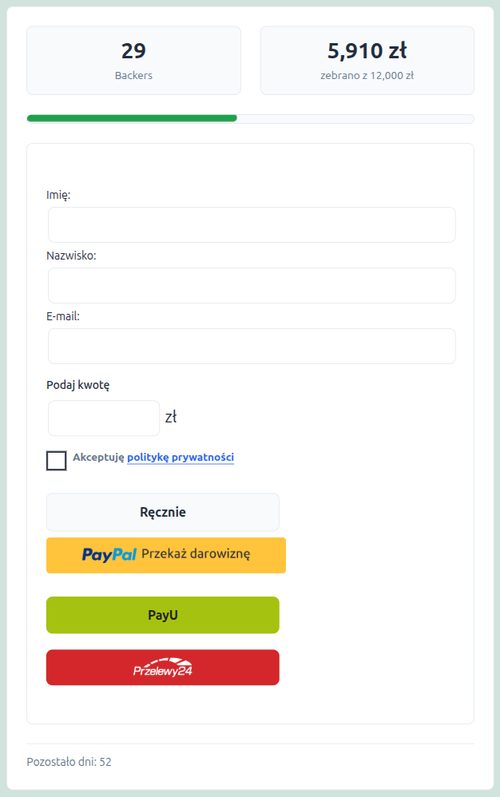 The fundraiser panel: progress, donor details and gateway buttons