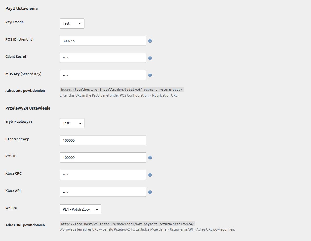 PayU and Przelewy24 settings with sandbox mode
